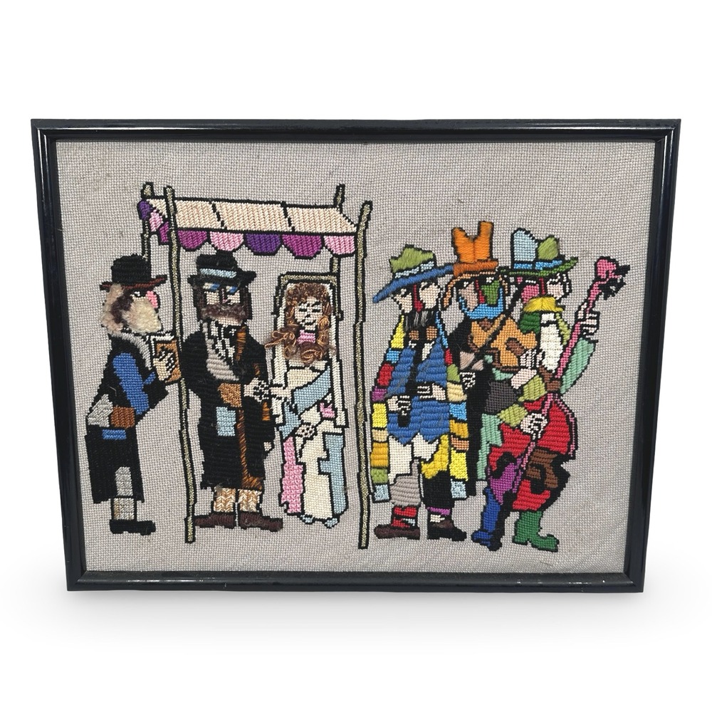 Vintage Jewish Wedding‎ Chuppah Needlepoint Framed Folk Art Gray Black 15x19